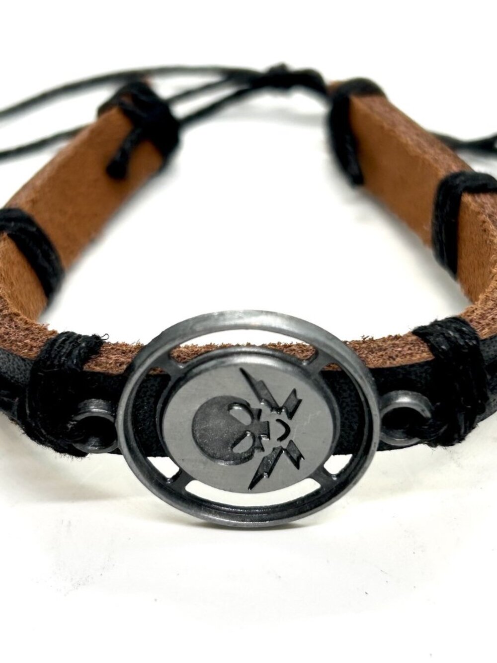 Skull and Crossbones Leather black threaded bracelet adjustable UNISEX - MENS -